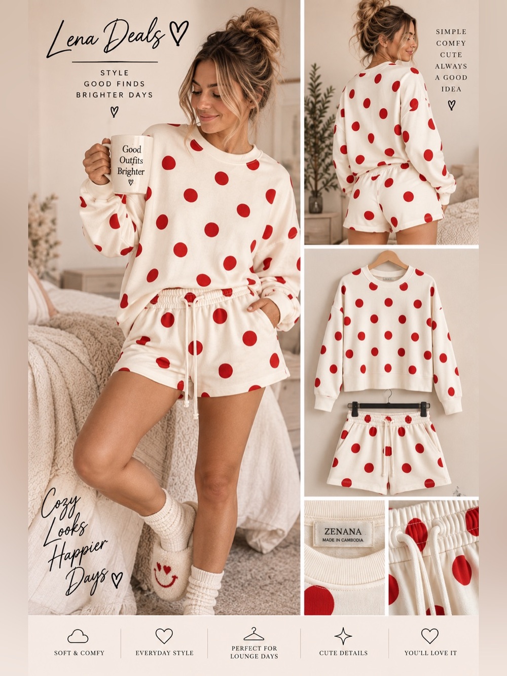 Zenana Fleece Polka Dot Print Round Neck Pullover & Shorts Set Cream-Ruby Mix Sz